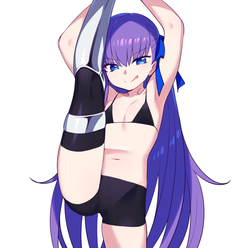 1girl :q armpits bike_shorts bikini bikini_top black_legwear blue_eyes blue_ribbon bow chan_co eyebrows_visible_through_hair fate/extra fate/extra_ccc fate/grand_order fate_(series) flat_chest hair_bow hair_ribbon highres leg_up long_hair meltryllis midriff navel prosthesis prosthetic_leg purple_hair ribbon simple_background solo swimsuit tongue tongue_out very_long_hair white_background