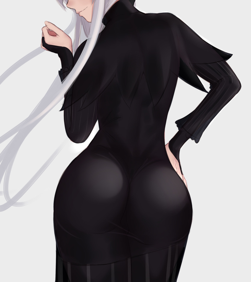 1girl ass biriyb black_capelet black_dress bridal_gauntlets capelet commentary dress echidna_(re:zero) from_behind grey_background hand_up head_out_of_frame highres long_hair long_sleeves looking_back re:zero_kara_hajimeru_isekai_seikatsu simple_background smile solo white_hair