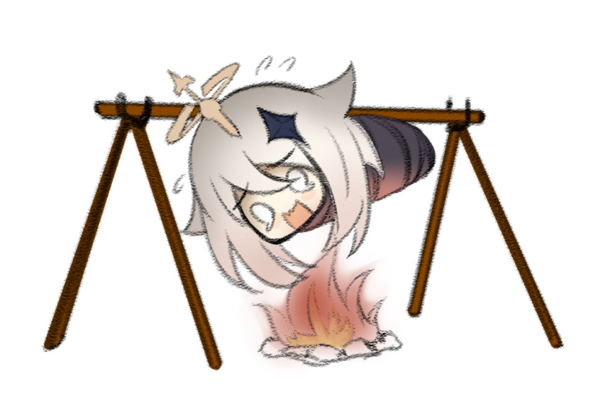 0_0 1girl blue_eyes bound campfire fire genshin_impact long_sleeves mr2d open_mouth paimon_(genshin_impact) rope simple_background solo tears tied_up waving wavy_mouth white_background white_hair
