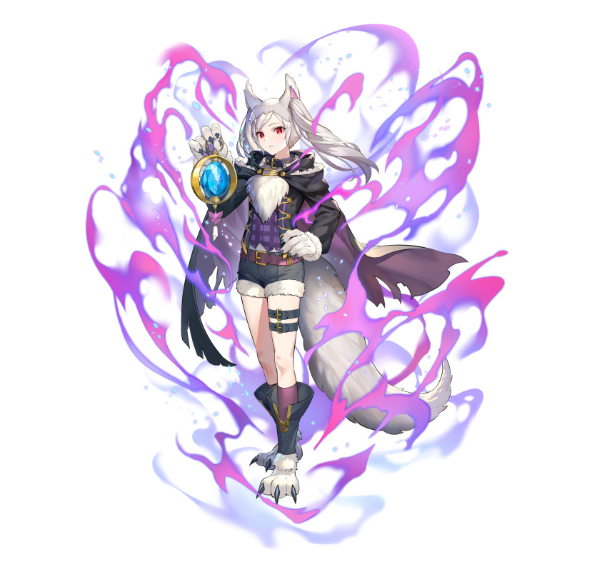 1girl absurdres alternate_costume animal_ears bangs belt claws closed_mouth collar detached_sleeves eyebrows_visible_through_hair fire_emblem fire_emblem_awakening fire_emblem_heroes full_body fur_trim grima_(fire_emblem) halloween_costume hand_on_hip highres holding long_hair long_sleeves looking_at_viewer official_art red_eyes robin_(fire_emblem) robin_(fire_emblem)_(female) shorts solo standing tail teffish thigh_strap tied_hair twintails white_background white_hair wolf_ears wolf_tail