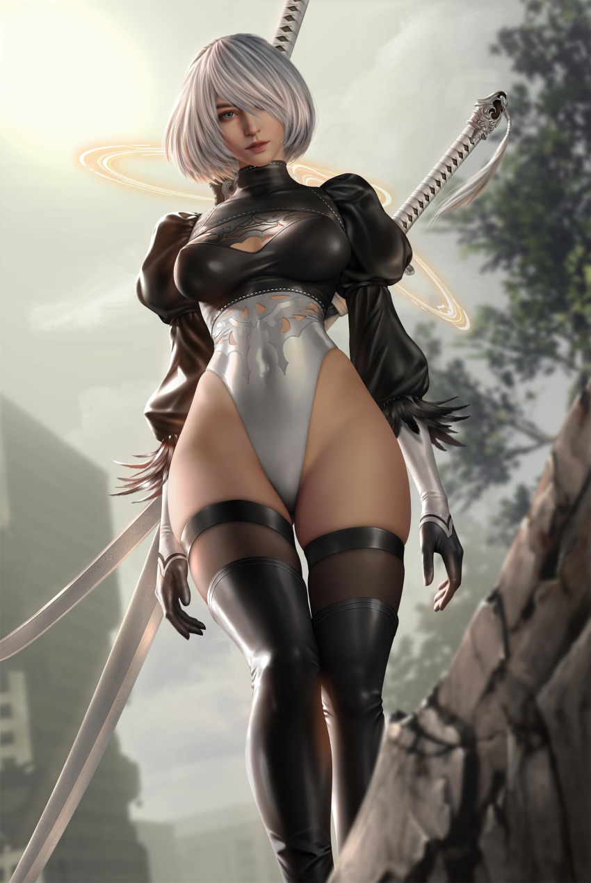 1girl absurdres black_dress black_legwear blue_eyes boots cleavage_cutout clothing_cutout cloud.d dress feather-trimmed_sleeves gloves grey_hair highleg highleg_leotard highres juliet_sleeves katana leather leather_boots leotard long_sleeves looking_at_viewer nier_(series) nier_automata no_blindfold puffy_sleeves silver_hair skindentation solo sword thigh-highs thighhighs_under_boots thong_leotard virtuous_contract weapon white_hair white_leotard yorha_no._2_type_b