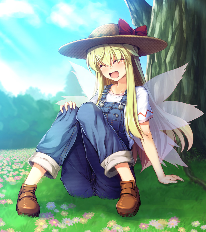 1girl alternate_costume ass blue_sky bow brown_footwear brown_headwear chima_q closed_eyes day eyebrows_visible_through_hair facing_viewer fairy_wings full_body hair_between_eyes hat hat_bow highres knees_together_feet_apart knees_up lily_white open_mouth outdoors overalls red_bow shirt shoes short_sleeves sitting sky smile solo summer touhou tree white_shirt wings