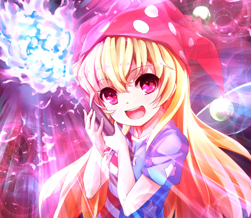 1girl american_flag_dress bangs blonde_hair clownpiece commentary_request fairy_wings fire hat highres jester_cap long_hair looking_at_viewer open_mouth pi_(pnipippi) pink_eyes polka_dot revision short_sleeves smile solo star_(symbol) star_print striped teeth torch touhou upper_body wings