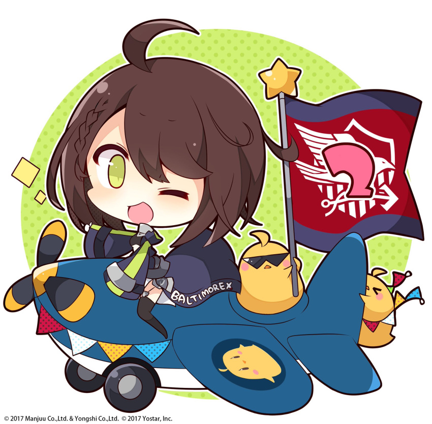 1girl 2017 ;d ahoge aircraft airplane azur_lane baltimore_(azur_lane) bangs bird black_legwear blush braid brown_hair character_name chibi chick clothes_writing coat commentary_request eagle_union_(emblem) flag green_background green_eyes highres holding holding_flag long_sleeves looking_at_viewer manjuu_(azur_lane) muuran official_art one_eye_closed open_clothes open_coat open_mouth pennant polka_dot polka_dot_background short_hair simple_background sleeves_past_fingers sleeves_past_wrists smile star_(symbol) string_of_flags sunglasses swept_bangs wide_sleeves yellow_eyes