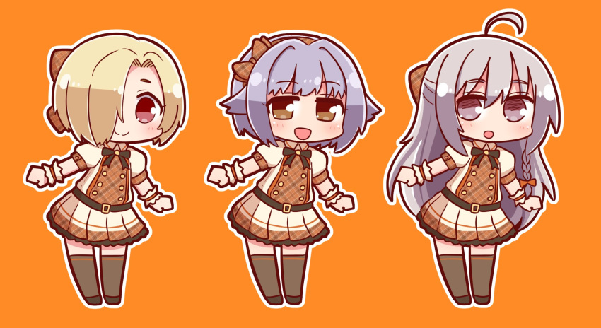 3girls :d ahoge bangs belt black_belt black_footwear blonde_hair blush bow braid brown_background brown_bow chibi closed_mouth commentary_request eyebrows_visible_through_hair grey_eyes grey_hair grey_legwear hair_between_eyes hair_bow hair_flaps hair_intakes hair_over_one_eye highres hoshi_shouko idolmaster idolmaster_cinderella_girls kawaii_boku_to_142's koshimizu_sachiko long_hair matching_outfit multiple_girls naga_u open_mouth outline plaid plaid_bow plaid_skirt pleated_skirt puffy_short_sleeves puffy_sleeves purple_hair shirasaka_koume shirt shoes short_sleeves skirt smile standing thigh-highs very_long_hair white_outline white_shirt white_skirt wrist_cuffs