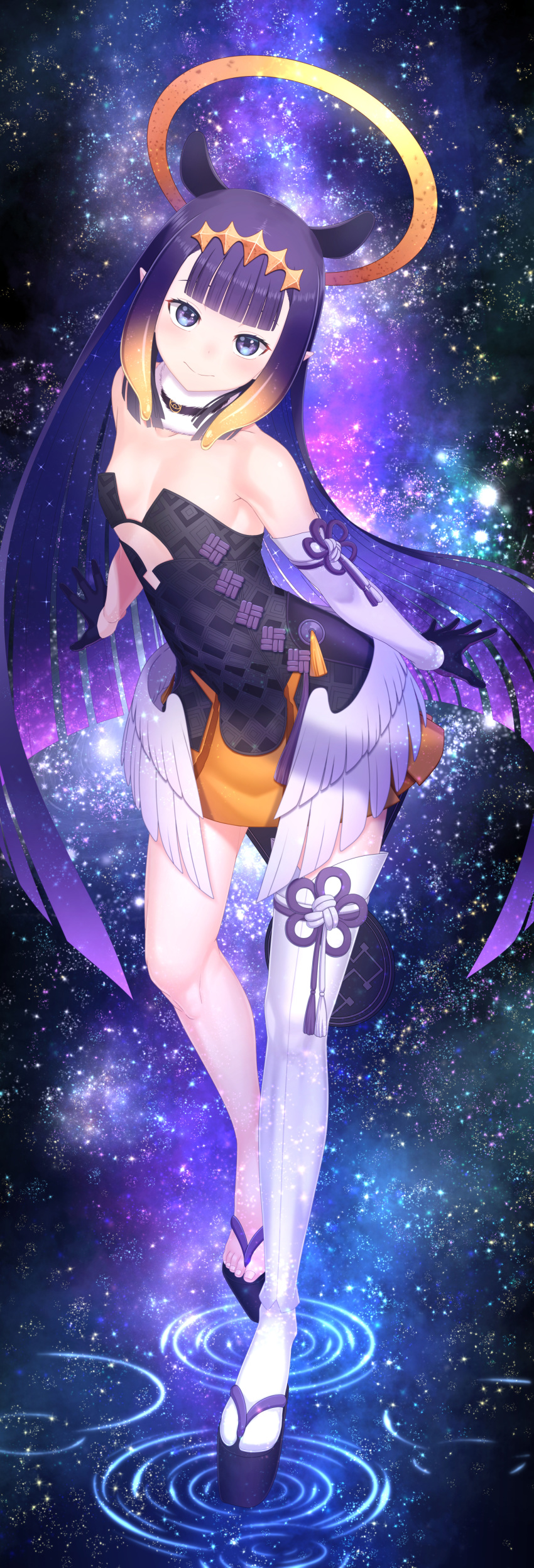 1girl absurdres bangs bare_shoulders black_hair blunt_bangs feathered_wings flat_chest fur_collar fur_trim gloves halo highres hololive hololive_english kido_airaku long_hair ninomae_ina'nis sandals single_arm_warmer single_thighhigh solo tentacle_hair thigh-highs violet_eyes virtual_youtuber wings