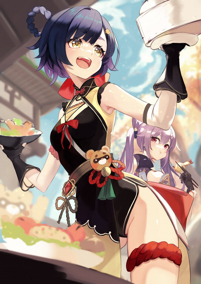 2girls absurdres bangs belt blue_hair blurry blurry_background braid breasts china_dress chinese_clothes chopsticks dress eating elbow_gloves food food_in_mouth genshin_impact gloves groin hair_rings highres holding holding_chopsticks holding_food holding_plate keqing_(genshin_impact) lumo_1121 multiple_girls open_mouth plate purple_hair red_eyes sleeveless small_breasts smile thigh_strap upper_teeth xiangling_(genshin_impact) yellow_eyes