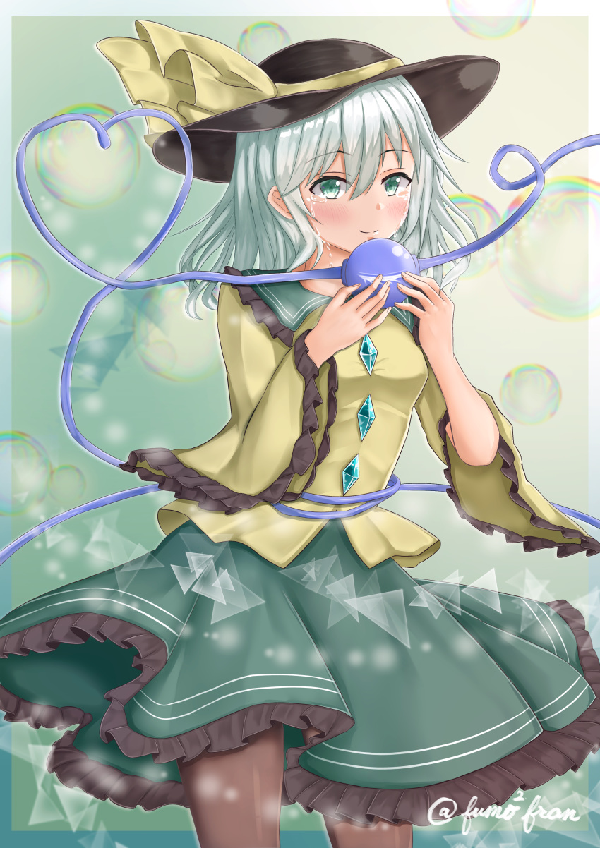 1girl absurdres black_headwear black_legwear blush border bubble closed_mouth commentary_request cowboy_shot diamond_(shape) eyeball eyebrows_visible_through_hair frilled_sleeves frills green_background green_eyes green_hair green_skirt hat hat_ribbon heart heart_of_string highres holding komeiji_koishi long_sleeves makinaguren medium_hair petticoat ribbon shirt skirt smile solo standing tears third_eye touhou triangle twitter_username wide_sleeves yellow_ribbon yellow_shirt