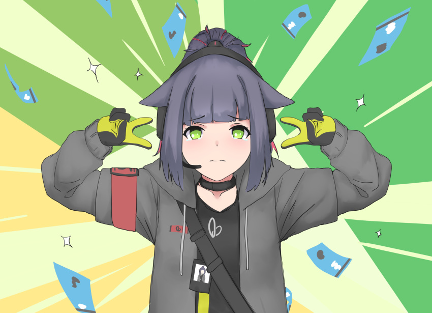 1girl animal_ears arknights bag bangs black_gloves black_shirt blunt_bangs cat_ears collarbone double_v drawstring emotional_engine_-_full_drive emphasis_lines english_commentary fate/grand_order fate_(series) gloves green_background green_eyes green_gloves grey_hoodie headphones headset highres hood hood_down id_card jessica_(arknights) kofucchi long_sleeves lungmen_dollar multicolored_hair name_tag parody ponytail redhead sad shirt shoulder_bag sidelocks solo sparkle tearing_up two-tone_hair upper_body v