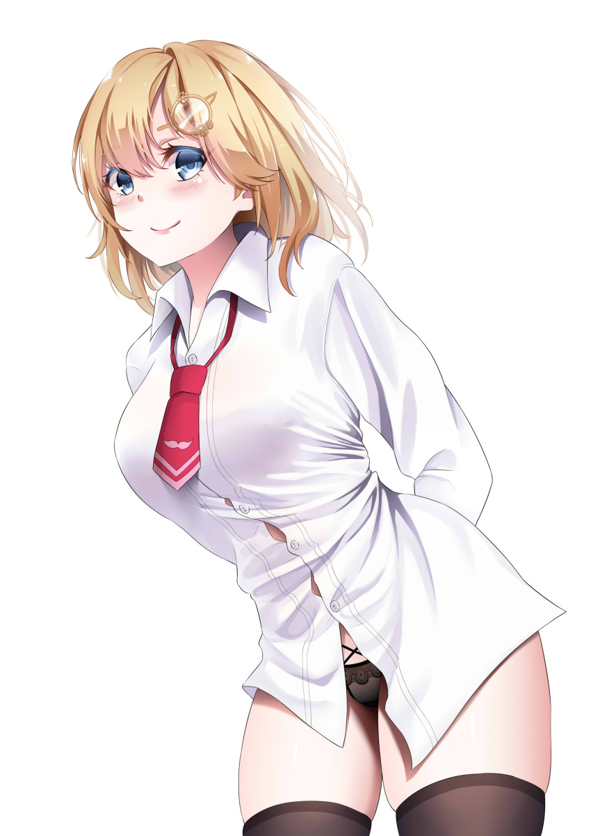 1girl absurdres arms_behind_back bangs black_legwear black_panties blonde_hair blue_eyes blush breasts button_gap buttons highres hololive hololive_english jamesmikopi large_breasts looking_at_viewer loose_necktie monocle_hair_ornament mustache_print necktie panties red_neckwear shirt short_hair simple_background smile solo thigh-highs underwear virtual_youtuber watson_amelia white_background white_shirt