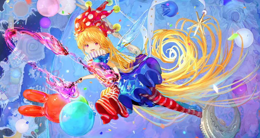 1girl absurdly_long_hair absurdres american_flag_dress american_flag_legwear blonde_hair blue_background blue_dress blue_legwear breasts clownpiece crescent dress fairy_wings fire full_body hat highres hinomaru_bento holding huge_filesize jester_cap long_hair looking_at_viewer moon multicolored multicolored_clothes multicolored_dress neck_ruff open_mouth pink_eyes polka_dot polka_dot_headwear red_dress red_headwear red_legwear short_sleeves small_breasts smile solo star_(symbol) star_print striped striped_legwear torch touhou transparent_wings very_long_hair wings