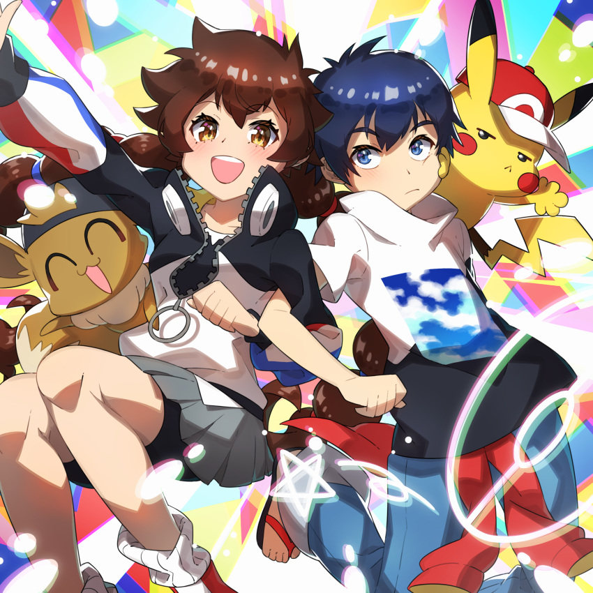 1boy 1girl :d absurdres arm_up bangs bike_shorts brown_eyes brown_hair closed_mouth commentary eevee eyebrows_visible_through_hair gen_1_pokemon gotcha! gotcha!_boy_(pokemon) gotcha!_girl_(pokemon) grey_skirt highres jacket leg_warmers long_sleeves looking_at_viewer open_mouth pikachu pleated_skirt pokemon pokemon_(creature) sandals short_sleeves skirt smile taisa_(lovemokunae) teeth tongue zipper