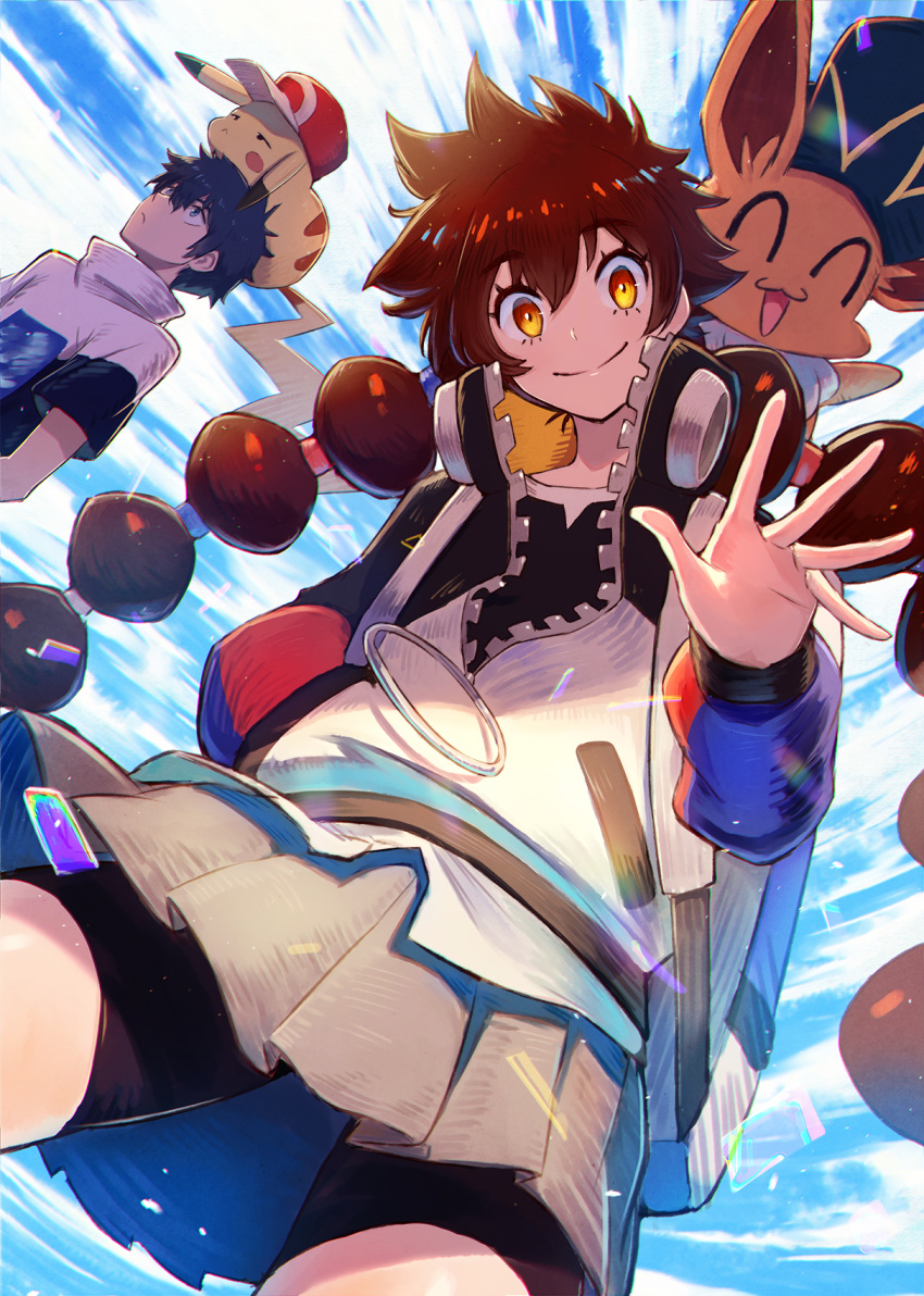1boy 1girl bangs baseball_cap bike_shorts closed_mouth commentary_request eevee eyebrows_visible_through_hair eyelashes gen_1_pokemon gotcha!_boy_(pokemon) gotcha!_girl_(pokemon) grey_skirt hair_tie hand_in_pocket hat highres jacket kuroi_susumu long_sleeves looking_at_viewer looking_up pikachu pleated_skirt pokemon popped_collar short_sleeves skirt smile spread_fingers tied_hair twintails zipper