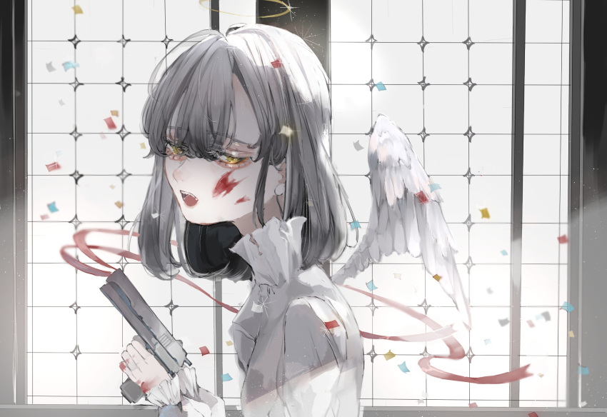 1girl angel angel_wings blood blood_on_face bloody_hands confetti eyebrows_visible_through_hair eyes_visible_through_hair frilled_sleeves frills grey_hair gun hair_between_eyes half-closed_eyes halo handgun highres holding holding_gun holding_weapon indoors isshiki_shime light_particles light_rays medium_hair mini_wings open_mouth original solo teeth tongue upper_body weapon white_theme wings yellow_eyes