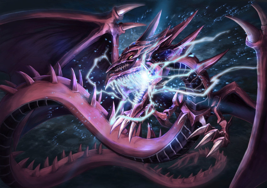 claws commentary deadspike_nine dragon dragon_wings duel_monster electricity extra_mouth glowing_mouth highres horns monster no_humans open_mouth osiris_the_sky_dragon sharp_teeth solo spikes tail teeth wings yellow_eyes yu-gi-oh! yu-gi-oh!_duel_monsters