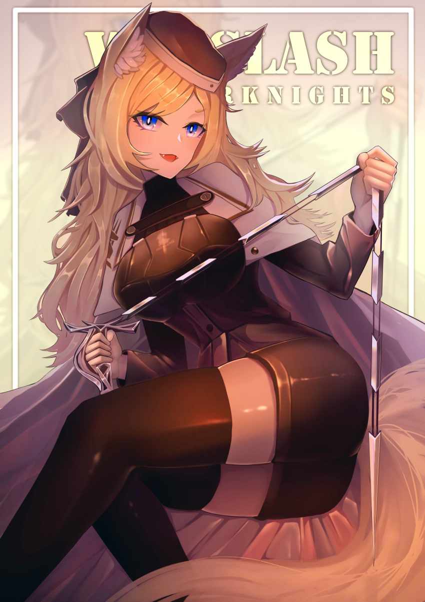 1girl absurdres animal_ear_fluff animal_ears arknights bangs bielin black_headwear black_legwear blonde_hair breasts cape character_name commentary copyright_name fangs feet_out_of_frame highres holding holding_weapon long_hair long_sleeves medium_breasts solo tail thigh-highs thighs violet_eyes weapon whislash_(arknights)