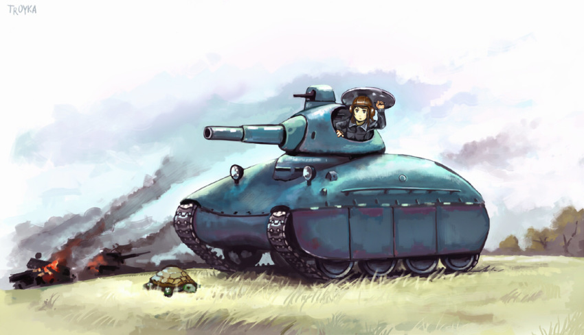 1girl amx-40 animal artist_name brown_eyes brown_hair caterpillar_tracks clouds day english_commentary grass ground_vehicle military military_vehicle motor_vehicle original short_hair sky smoke tank tank_helmet tr0yka tree turtle world_of_tanks