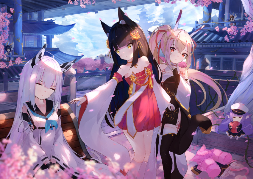 6+girls :3 :d ^_^ ^o^ animal_ears apple architecture arm_up armpits ayanami_(azur_lane) ayanami_(lunar_demon_god)_(azur_lane) azur_lane bare_shoulders black_gloves black_hair black_legwear blurry bow building carrying cat_ears cat_tail cherry_blossoms closed_eyes clouds cloudy_sky collarbone commentary depth_of_field detached_sleeves double_bun dress drill_hair east_asian_architecture fingerless_gloves food fox_ears fruit gloves hair_bow hair_ornament hair_ribbon hairclip hat headgear highres jewelry kawakaze_(azur_lane) lime_(azur_lane) meowfficer_(azur_lane) multiple_girls nagato_(azur_lane) naycot necklace ning_hai_(azur_lane) ning_hai_(moon_palace_rabbit)_(azur_lane) off-shoulder_dress off_shoulder open_mouth peaked_cap petals ping_hai_(azur_lane) ping_hai_(osmanthus_moon_rabbit)_(azur_lane) pink_hair pound_(azur_lane) purple_hair rabbit_ears red_dress red_eyes retrofit_(azur_lane) ribbon ribbon-trimmed_sleeves ribbon_trim school_uniform serafuku shade silver_hair sitting size_difference sky skyscraper sleeping smile tail thigh-highs twin_drills waving white_hair wide_sleeves wind yellow_eyes zettai_ryouiki