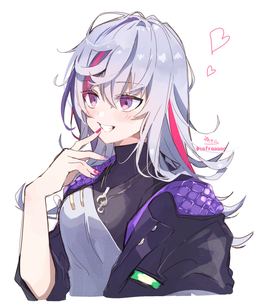 1girl absurdres black_jacket blush breasts cropped_torso finger_to_mouth fuwa_minato genderswap genderswap_(mtf) grin hand_up heart highres jacket long_hair looking_away multicolored_hair nail_polish nijisanji open_clothes open_jacket purple_hair red_eyes red_nails redhead short_sleeves signature silver_hair simple_background small_breasts smile sofra solo streaked_hair twitter_username upper_body virtual_youtuber white_background