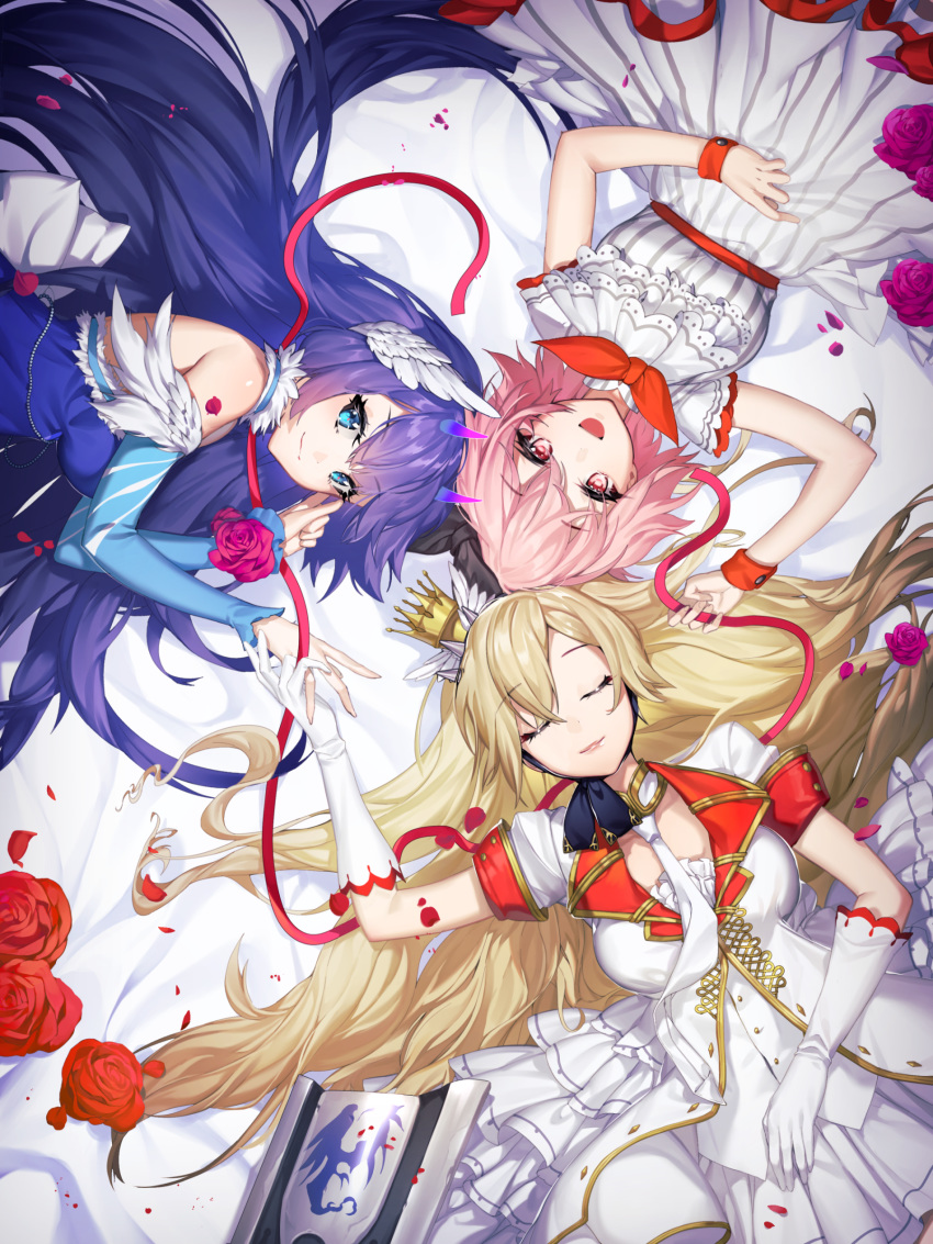 3girls absurdres bare_shoulders blonde_hair blue_eyes blue_hair bow breasts closed_eyes crown detached_sleeves dress flower gloves headgear highres horns illusion_connect large_breasts long_hair multiple_girls necktie official_art petals pink_eyes pink_hair rose rose_petals shield short_hair short_sleeves sleeveless very_long_hair wrist_cuffs yamijam