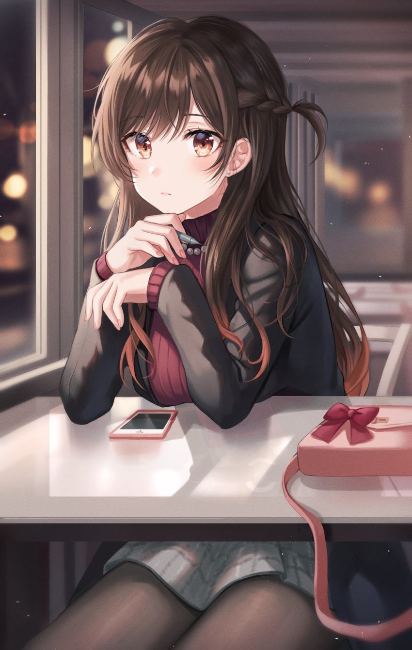 1girl bag bangs black_jacket black_legwear blurry blurry_background blush braid breasts brown_eyes brown_hair cellphone closed_mouth commentary depth_of_field earrings frown grey_skirt hands_up highres holding holding_pen indoors jacket jewelry kanojo_okarishimasu large_breasts long_hair long_sleeves looking_at_viewer mizuhara_chizuru necklace one_side_up pantyhose pearl_necklace pen phone red_sweater ribbed_sweater sitting skirt sleeves_past_wrists smartphone solo stud_earrings sweater table tokkyu window