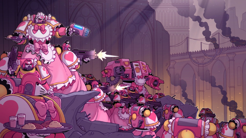 adeptus_astartes apron architecture armor armored_dress battle bolter bow cathedral chumiicham city cityscape concrete cup dreadnought_(warhammer_40k) dress firing food gothic_architecture gun heart heart_print highres holding holding_gun holding_weapon maid maid_apron maid_headdress paw_print paw_print_pattern pink_armor pink_bow pink_dress plasma_pistol power_armor rebar red_eyes robot rubble smoke space_maids_(chumiicham) tray urban warhammer_40k weapon