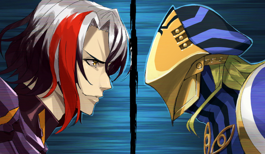 2boys armor avicebron_(fate) beppu_mitsunaka blonde_hair blue_background faceoff fate/apocrypha fate/grand_order fate_(series) from_side highres long_hair male_focus mask multicolored_hair multiple_boys odysseus_(fate/grand_order) profile redhead smile split_screen streaked_hair two-tone_hair white_hair yellow_eyes