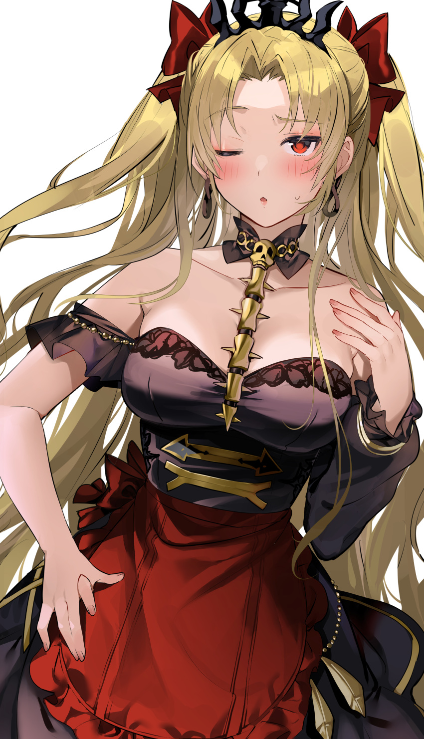 1girl absurdres apron bangs bare_shoulders between_breasts black_dress blonde_hair blush breasts detached_collar dress earrings ereshkigal_(fate/grand_order) fate/grand_order fate_(series) highres hoop_earrings infinity jewelry large_breasts long_hair looking_at_viewer one_eye_closed parted_bangs red_apron red_eyes revision skull solo spine tiara two_side_up very_long_hair waist_apron xretakex