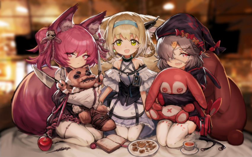 3girls animal_ears arknights blurry blurry_background commentary_request cookie eyepatch food green_eyes heart heart-shaped_pupils highres jell_(jell_y_fish) knife looking_at_viewer multiple_girls object_hug open_mouth pantyhose plate popukar_(arknights) red_eyes redhead seiza shamare_(arknights) sitting suzuran_(arknights) symbol-shaped_pupils tea tears thigh-highs white_legwear