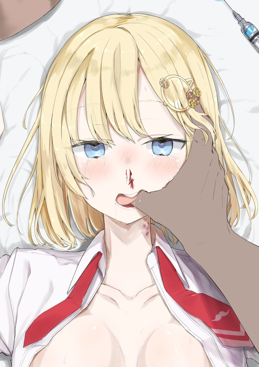 1girl bangs blonde_hair blood bloody_nose blue_eyes blush breasts bruise collarbone collared_shirt commentary_request finger_in_mouth gozen_no_ko_hi hair_ornament highres hololive hololive_english injury looking_at_viewer lying monocle_hair_ornament mustache_print necktie on_back open_clothes open_shirt pov red_neckwear saliva shirt short_hair solo_focus syringe tears upper_body virtual_youtuber watson_amelia white_shirt wing_collar
