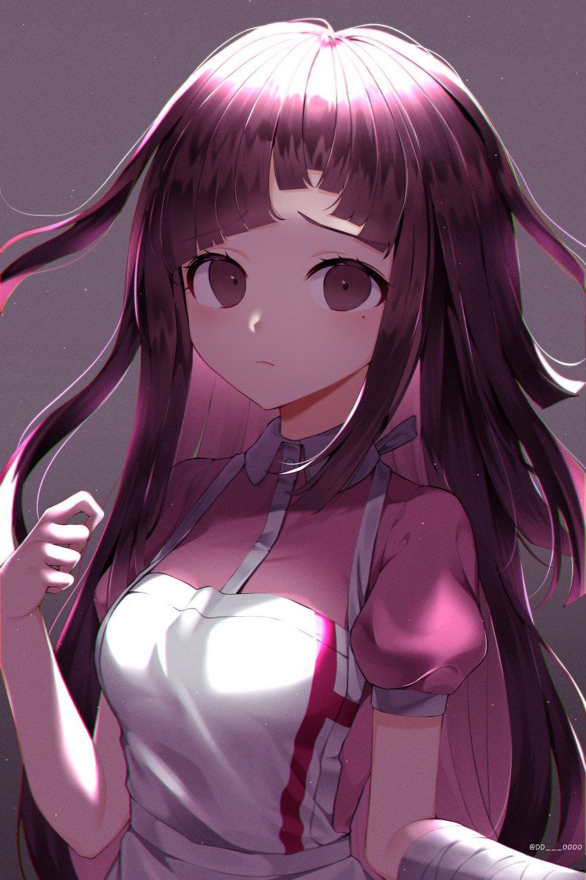 1girl absurdres apron bandaged_arm bandages bangs blunt_bangs blush breasts closed_mouth commentary_request dangan_ronpa dd_0000 dress eyebrows_visible_through_hair frown hand_up highres long_hair looking_at_viewer medium_breasts mole mole_under_eye nurse puffy_short_sleeves puffy_sleeves purple_hair short_sleeves solo super_dangan_ronpa_2 tsumiki_mikan upper_body violet_eyes