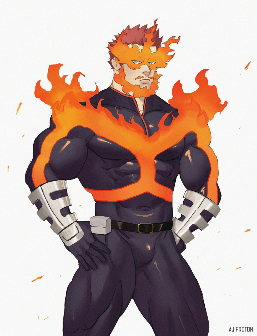 1boy abs absurdres ajproton bara beard belt blue_bodysuit blue_eyes bodysuit boku_no_hero_academia bulge chest covered_abs covered_navel facial_hair facial_scar feet_out_of_frame fire hand_on_hip highres looking_at_viewer male_focus manly muscle mustache redhead scar short_hair solo spiky_hair thick_thighs thighs todoroki_enji torn_bodysuit torn_clothes white_background