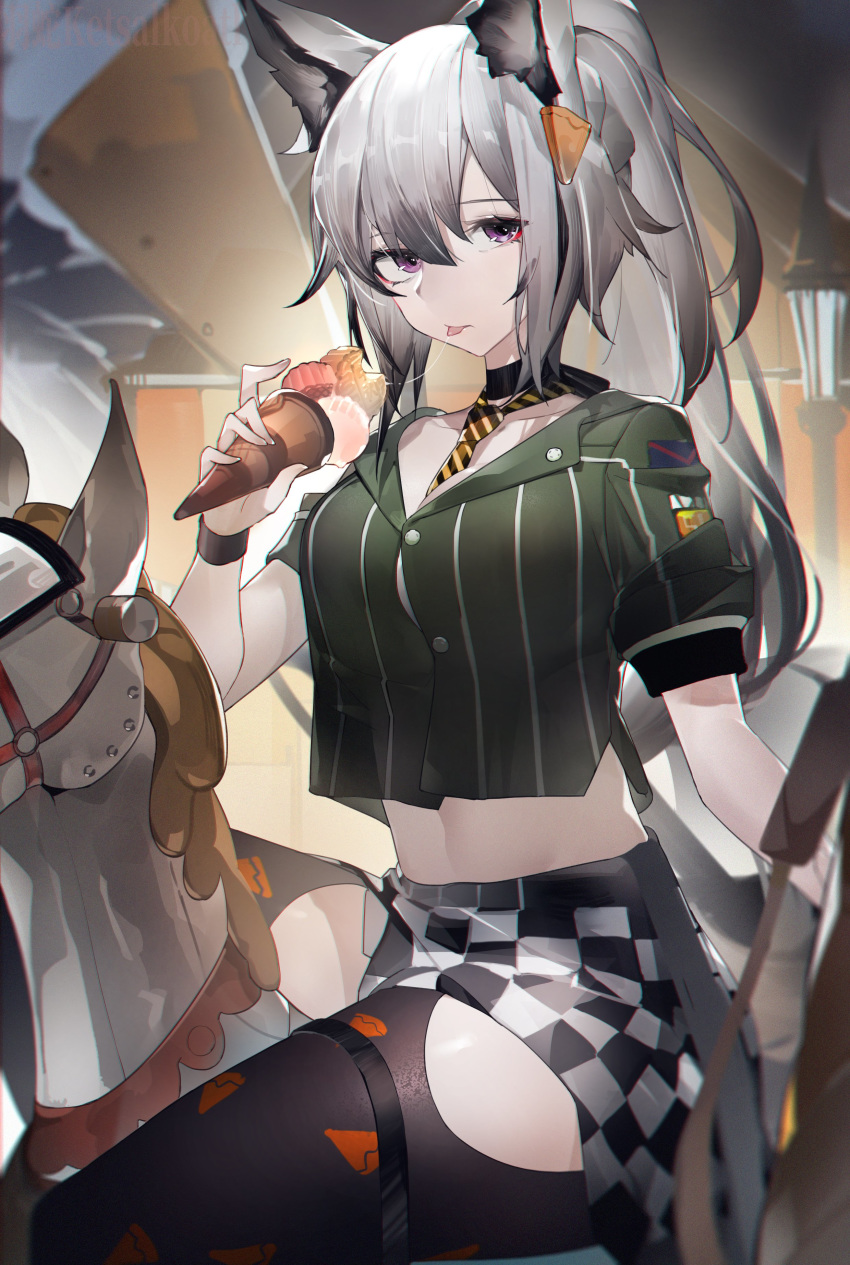 1girl :p absurdres animal_ears arknights between_breasts breasts checkered commentary_request crop_top crop_top_overhang food grani_(arknights) grey_shirt highres hip_vent holding holding_food ice_cream ice_cream_cone long_hair midriff navel necktie necktie_between_breasts ponytail saliva saliva_trail shirt short_sleeves silver_hair solo striped striped_neckwear thighs tongue tongue_out violet_eyes wristband yushi_ketsalkoatl