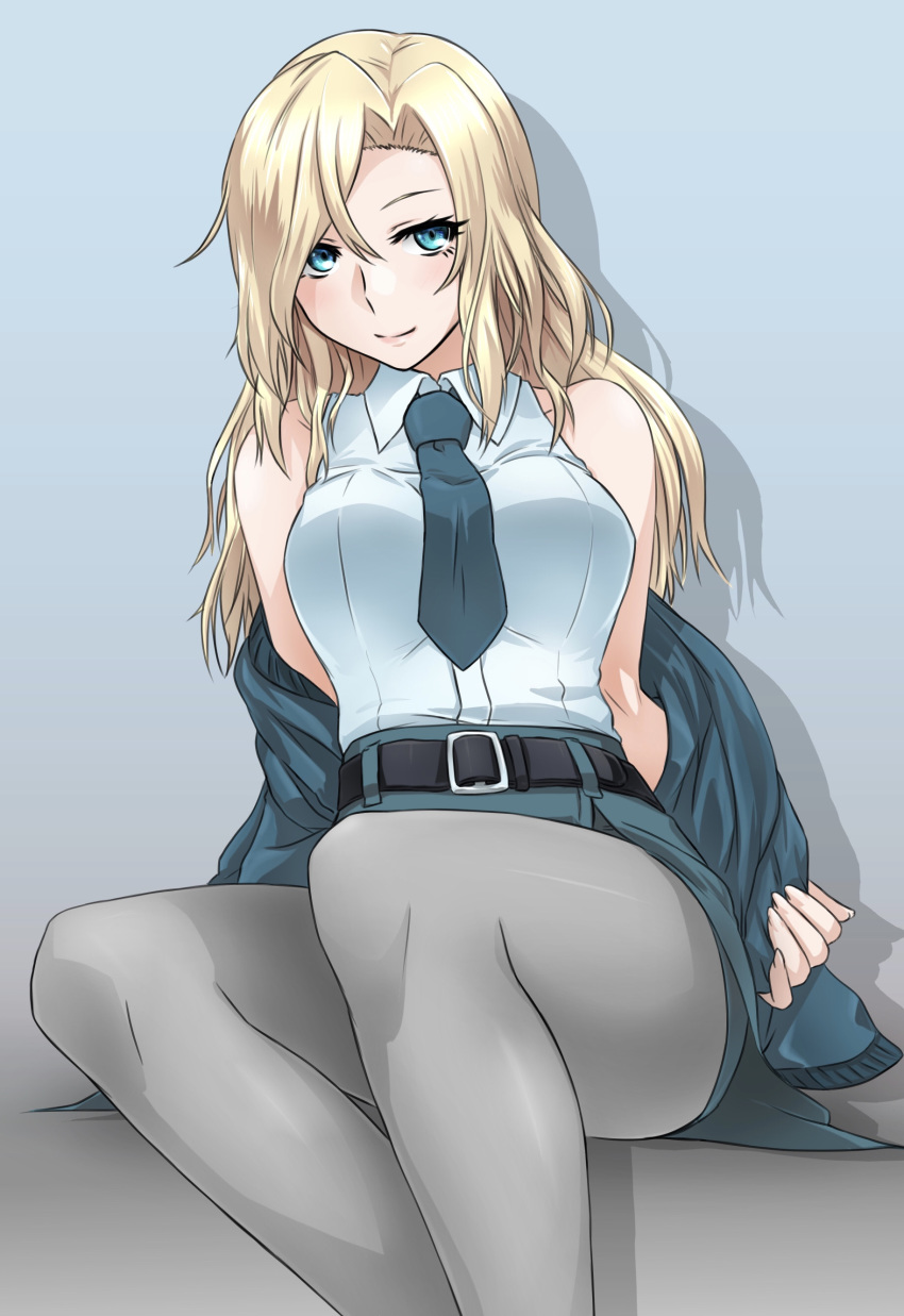 1girl absurdres akito_(sub707) bare_shoulders belt black_belt black_jacket black_legwear black_neckwear black_skirt blonde_hair bomber_jacket breasts collared_shirt dress_shirt feet_out_of_frame grey_eyes highres hornet_(kantai_collection) jacket kantai_collection large_breasts long_hair looking_at_viewer necktie pantyhose pencil_skirt shirt skirt sleeveless sleeveless_shirt translation_request white_shirt