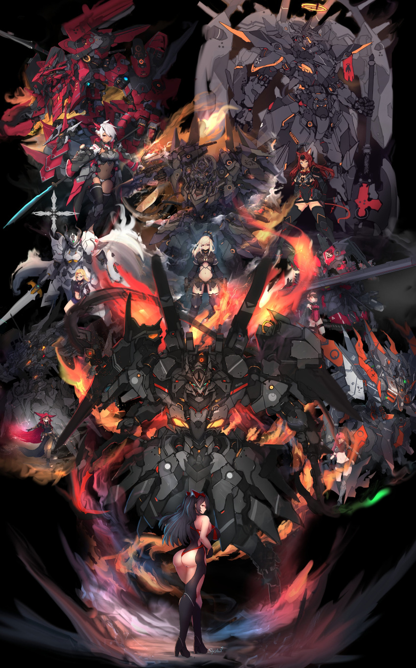 6+girls absurdres animal_ears artist_name ass axe bikini black_hair blonde_hair blue_eyes breasts brown_hair cape covered_navel dark_background elbow_gloves fire gloves halo headgear heterochromia high_heels highleg highleg_bikini highres large_breasts leotard long_hair mecha medium_breasts multiple_girls navel original pants pink_hair polearm red_eyes redhead robot short_hair small_breasts swimsuit sword syaha thigh-highs weapon white_hair