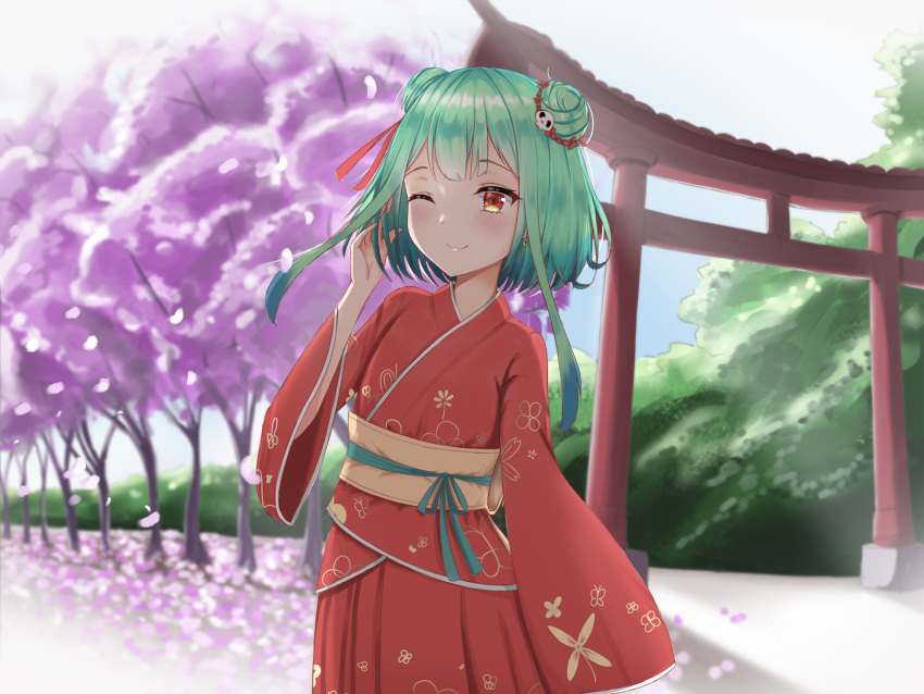 1girl absurdres bangs cherry_blossoms double_bun floral_print green_hair hair_ornament highres hololive japanese_clothes kimono obi one_eye_closed petals red_eyes sash short_hair skull_collar skull_hair_ornament smile solo spring_(season) tree uruha_rushia virtual_youtuber