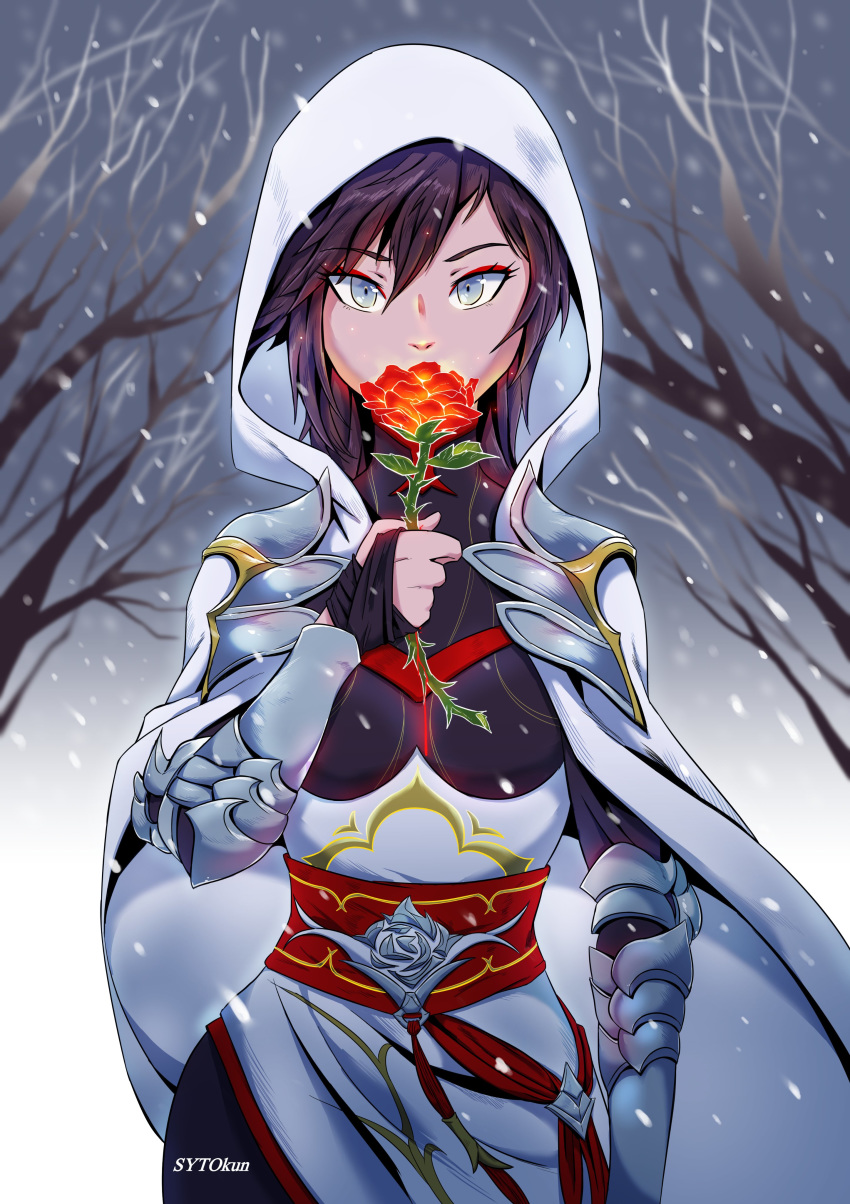 1girl absurdres armor bare_tree brown_hair cape cowboy_shot flower grey_eyes highres looking_at_viewer rose rwby short_hair snow solo summer_rose sytokun tree white_cape white_hood winter
