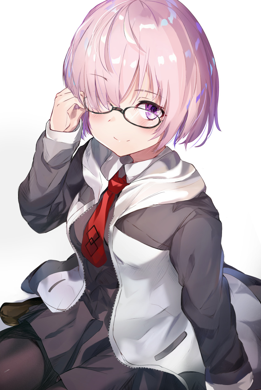 1girl absurdres black-framed_eyewear blush closed_mouth eyebrows_visible_through_hair fate/grand_order fate_(series) glasses gradient gradient_background grey_background hair_over_one_eye highres jacket long_sleeves looking_at_viewer mash_kyrielight necktie open_clothes open_jacket pantyhose pink_hair red_neckwear revision same_(sendai623) short_hair sitting smile solo violet_eyes