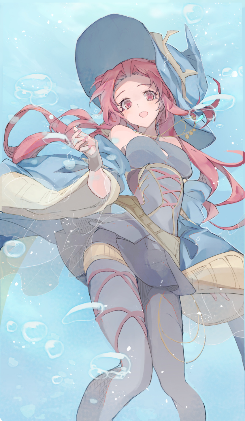 1girl air_bubble bare_shoulders blue_headwear breasts bubble detached_sleeves dress duel_monster feet_out_of_frame gishki_emilia hand_up hat highres jewelry long_hair medium_breasts nail_polish necklace open_mouth pantyhose red_eyes red_nails redhead smile solo tsumayouji_(dekosoko) underwater wide_sleeves witch_hat wrist_cuffs yuu-gi-ou