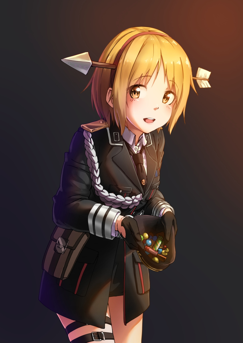 1girl arrow_(projectile) arrow_in_head blonde_hair blush brown_eyes candy food girls_frontline gun halloween_costume hat highres looking_at_viewer military military_hat military_uniform mp40 mp40_(girls_frontline) necktie short_hair solo submachine_gun triangle_bullet uniform weapon