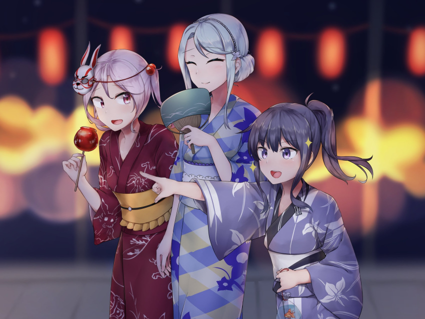 3girls akatsuki_(kantai_collection) alternate_costume alternate_hairstyle bangs blue_kimono candy_apple fan festival food grey_hair hair_bobbles hair_bun hair_ornament highres holding holding_fan japanese_clothes kantai_collection kimono long_hair mask mask_on_head multiple_girls obi outdoors paper_fan pink_eyes pink_hair ponytail print_kimono purple_hair purple_kimono red_kimono sagiri_(kantai_collection) sash sazanami_(kantai_collection) short_hair sidelocks sugamo_(rainysnowy108) swept_bangs twintails uchiwa violet_eyes yukata