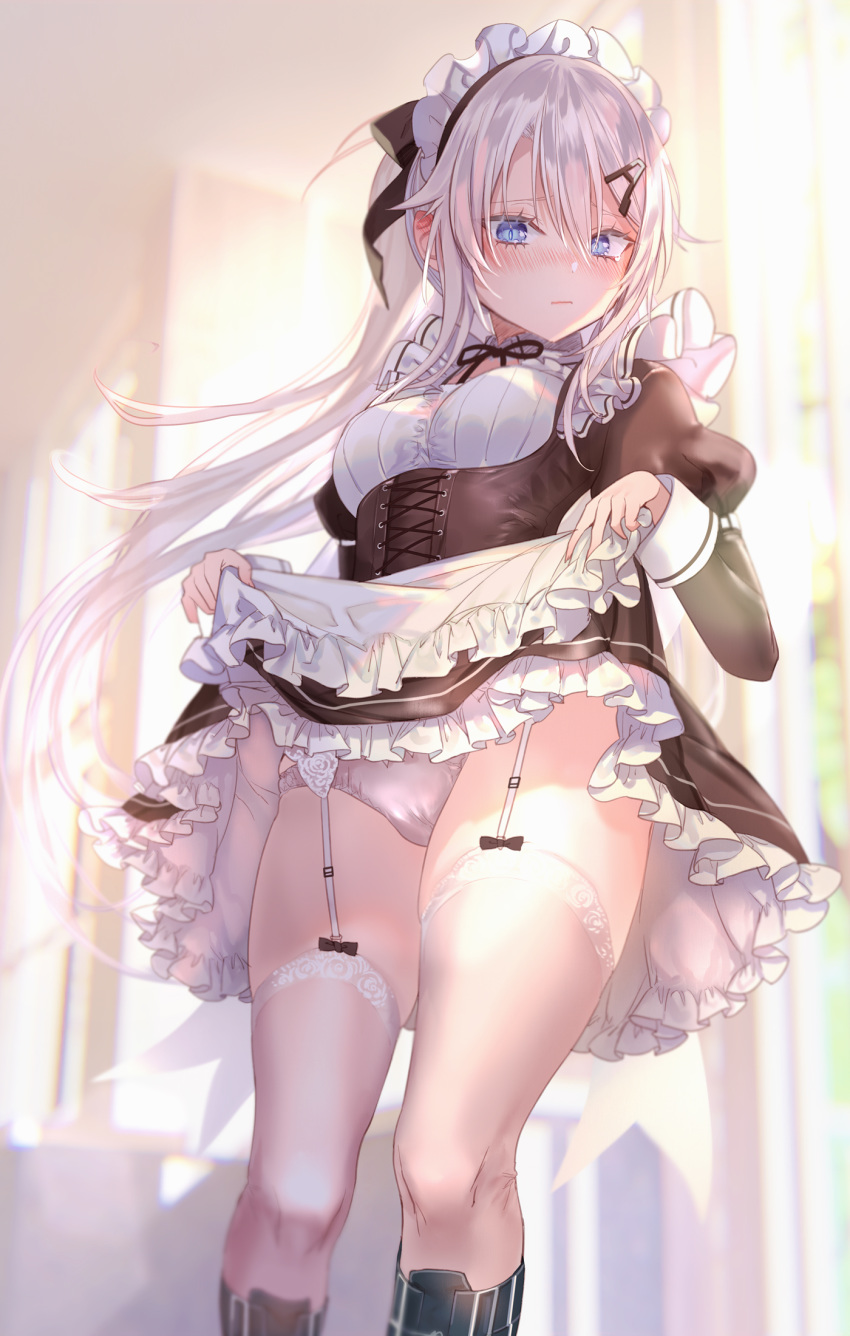 1girl 9a-91_(girls_frontline) alternate_costume apron bangs black_footwear blue_eyes blush boots breasts closed_mouth corset dress dress_lift enmaided frilled_dress frills from_behind garter_straps girls_frontline hair_between_eyes hair_ornament hair_ribbon hairclip highres juliet_sleeves lifted_by_self long_hair long_sleeves maid maid_headdress medium_breasts panties ponytail pottsness puffy_sleeves ribbon solo tears thigh-highs underwear very_long_hair waist_apron white_apron white_legwear white_panties