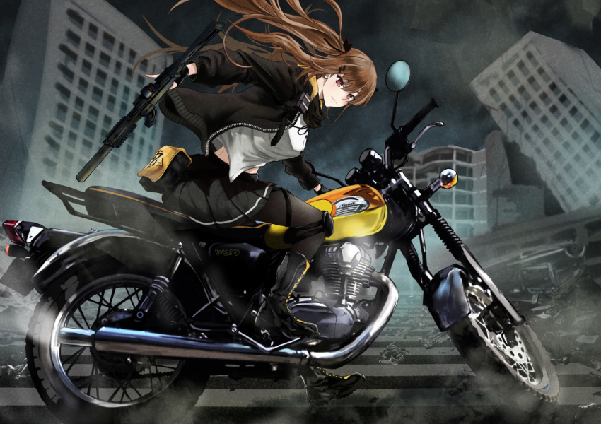 1girl brown_eyes brown_hair fingerless_gloves girls_frontline gloves ground_vehicle hair_ornament hairclip highres holding holding_weapon jacket long_hair looking_at_viewer motor_vehicle motorcycle scar scar_across_eye smile twintails ump9_(girls_frontline) weapon
