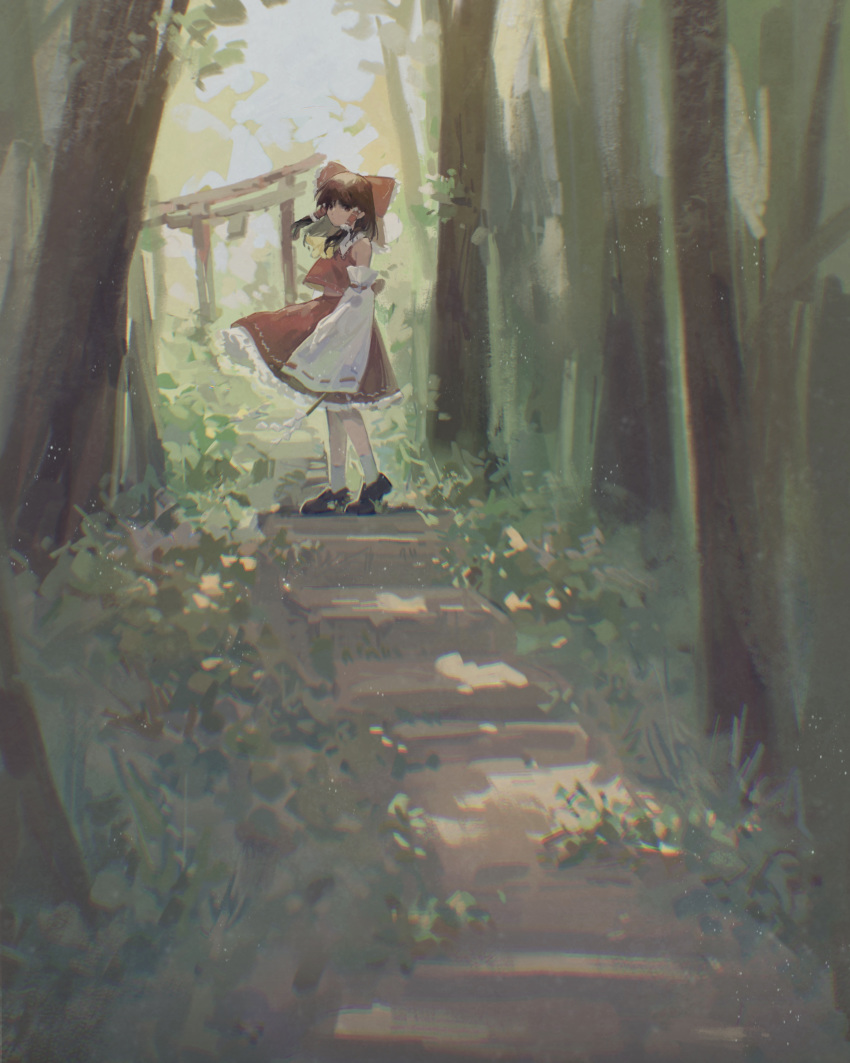 1girl absurdres akaganeite_(aka) bow brown_eyes brown_hair commentary_request detached_sleeves forest from_side gohei hair_bow hair_tubes hakurei_reimu highres holding long_sleeves looking_at_viewer nature outdoors path red_eyes red_shirt red_skirt shirt shoes skirt sleeves_past_fingers sleeves_past_wrists socks solo torii touhou tree white_legwear wide_shot wide_sleeves yellow_neckwear