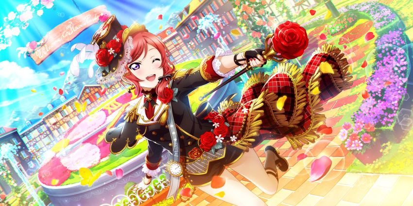 1girl ;d alternate_costume blue_sky blush bow bug butterfly character_name clock day double-breasted dutch_angle earrings epaulettes fingerless_gloves fingernails flower garden gloves hat highres insect jewelry lace_trim looking_at_viewer love_live! love_live!_school_idol_festival_all_stars nail_polish nishikino_maki one_eye_closed open_mouth outdoors petals plaid red_flower red_nails red_rose redhead ribbon rose short_hair shorts sky smile sock_garters solo staff top_hat uniform violet_eyes