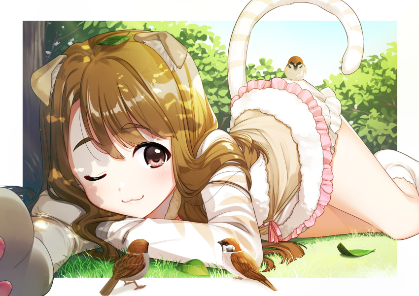 1girl :3 ;) animal animal_ear_fluff animal_ears bangs bird bird_on_leg bloomers border brown_dress brown_eyes brown_hair cat_ears cat_girl cat_tail closed_mouth dappled_sunlight day dress eyebrows_visible_through_hair feet_out_of_frame frilled_dress frills fur-trimmed_dress fur_trim gloves grass hand_on_own_arm head_rest highres idolmaster idolmaster_million_live! idolmaster_million_live!_theater_days leaf leaf_on_head light_blush long_hair long_sleeves looking_at_viewer lying mikapoe miyao_miya no_shoes on_grass on_ground on_side one_eye_closed outdoors outside_border outstretched_arm paw_gloves paws short_dress smile socks solo sparrow striped_tail sunlight tail tail_raised thick_eyebrows tree_shade two-tone_dress underwear white_border white_dress white_legwear