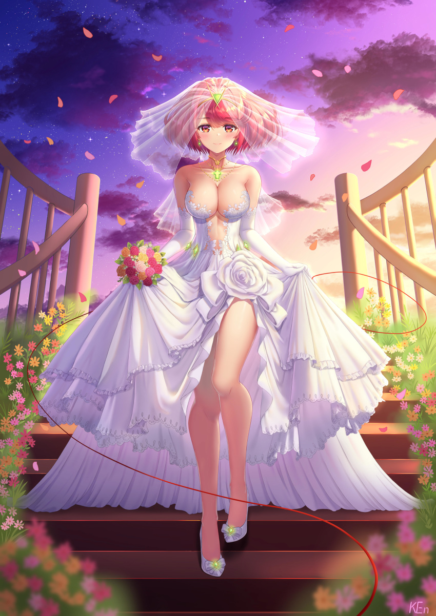 1girl absurdres bouquet breasts bridal_veil bride dress flower highres ken-san large_breasts pyra_(xenoblade) red_eyes redhead thighs veil wedding_dress xenoblade_chronicles_(series) xenoblade_chronicles_2