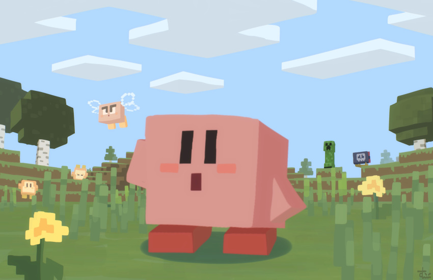 blush_stickers bomber_(kirby) bronto_burt clouds commentary_request creeper day flower grass highres kirby kirby_(series) minecraft nature outdoors pink_skin signature solo_focus suyasuyabi tree waddle_dee yellow_flower