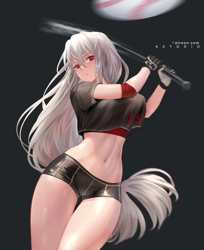 1girl arknights ass_visible_through_thighs azto_dio bangs baseball baseball_bat bike_shorts black_background black_gloves black_shirt black_shorts blurry breasts commentary cowboy_shot crop_top gloves groin hair_between_eyes highres holding holding_baseball_bat large_breasts long_hair looking_at_viewer midriff navel no_hat no_headwear nude parted_lips red_eyes shirt short_shorts short_sleeves shorts silver_hair simple_background skadi_(arknights) sky solo standing stomach thighs tomboy very_long_hair