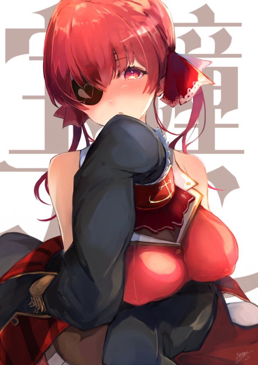 1girl absurdres ascot bangs bare_shoulders black_coat black_eyepatch blush bodystocking breasts buttons coat crop_top embroidery epaulettes gold_trim hair_ribbon highres hololive houshou_marine large_breasts long_hair looking_at_viewer off_shoulder parted_lips red_eyes red_neckwear red_ribbon red_shirt red_skirt redhead ribbon shirt skirt sleeveless solo tomocha_(tmc_tmc8) twintails virtual_youtuber